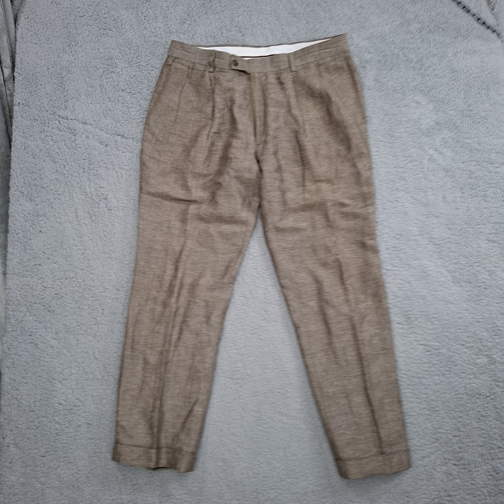 Louis Raphael Tailored Pants 35x30 Woven Linen Blend‎ Pleated Cuffed Breathable